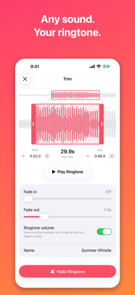 The ToneClip trim screen showing a waveform with start and end handles, fade sliders and a Make Ringtone button