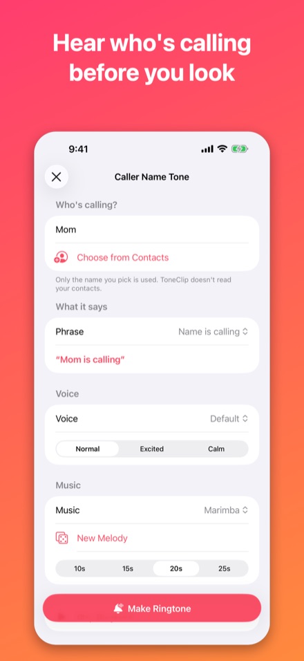 The Caller Name Tone screen with the name Mom, the phrase Mom is calling, and voice and music options