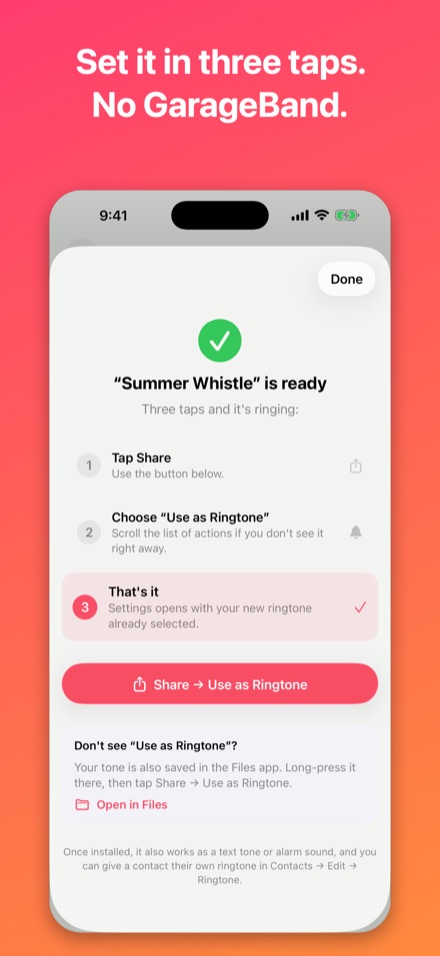 The three-step guide to setting a finished tone as a ringtone with Share and Use as Ringtone