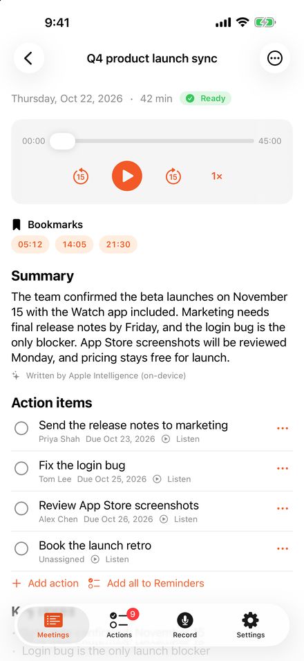 A meeting on iPhone showing the audio player, bookmarks, a summary and a list of action items with owners and due dates