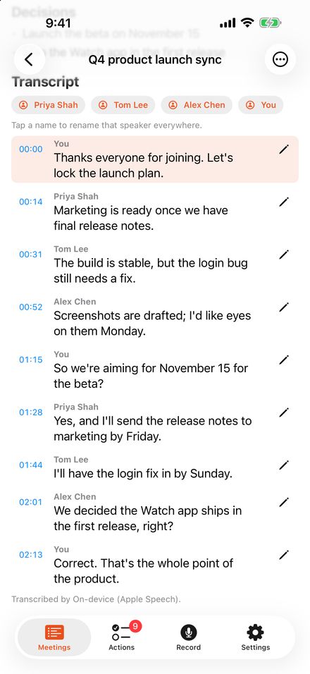 A meeting transcript on iPhone with timestamps and a name for each speaker