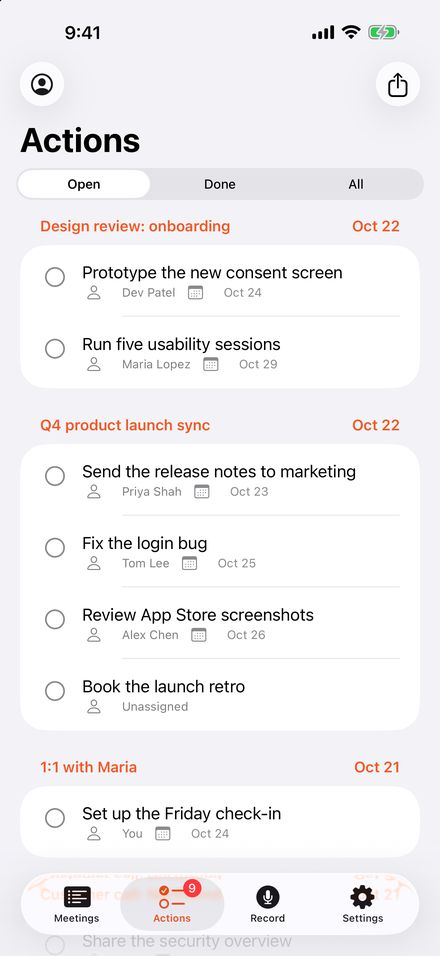 The Actions tab on iPhone listing open action items grouped by meeting
